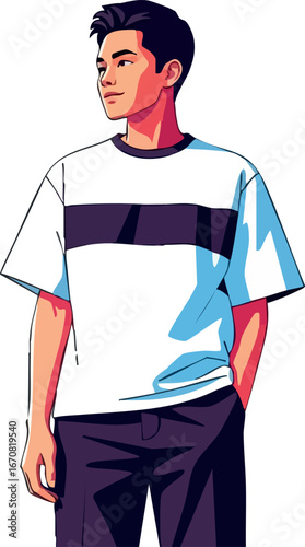 Young man wearing casual white t shirt with black stripe standing looking aside vector illustration