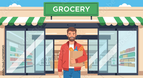 Man carrying grocery bag outside grocery store with glass doors and green signboard vector illustration