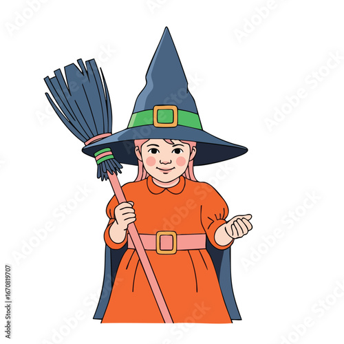 Girl dressed as witch holding broomstick in Halloween costume vector illustration 
