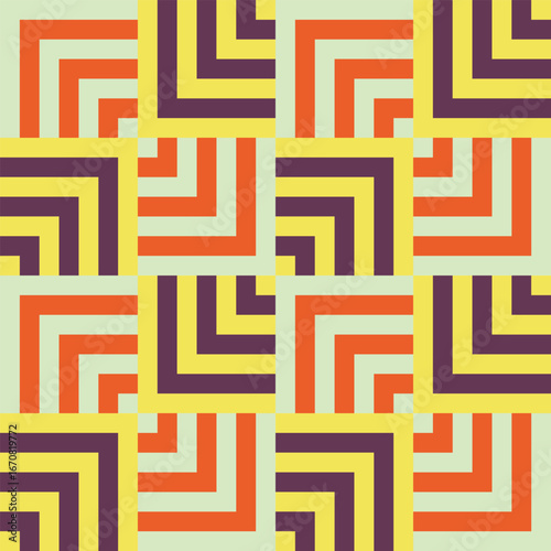 Pattern created from squares of pale green, orange, yellow and dark purple squares getting progressively smaller