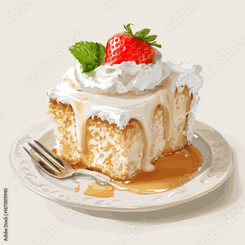 Tres Leches Cake Slice with Strawberries and Cream