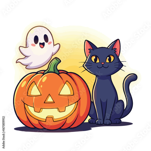 Halloween themed black cat with glowing jack o lantern and happy ghost vector illustration for spooky celebration decoration 