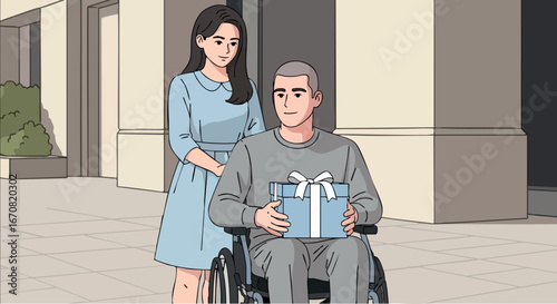 Disabled man in wheelchair receiving gift from woman in blue dress outside building care and support concept