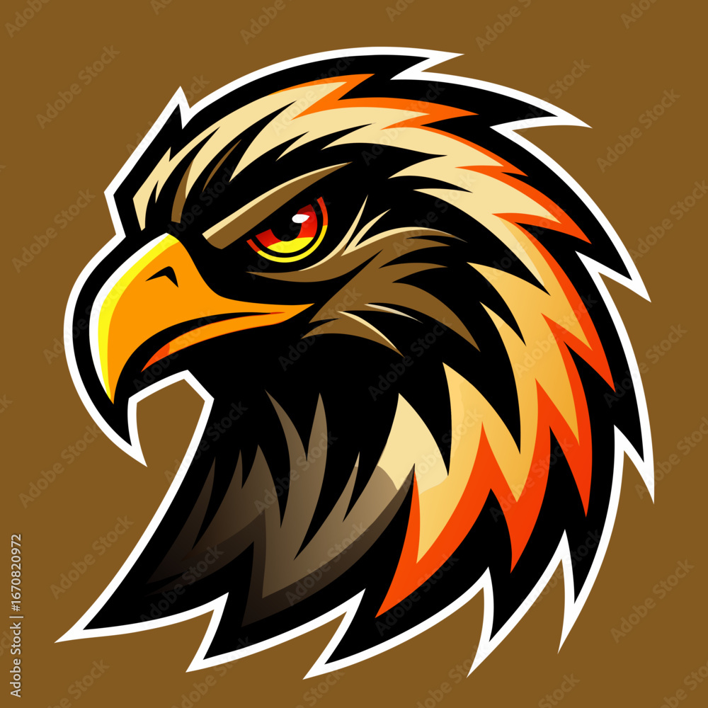 Obraz premium Aggressive eagle head silhouette with fiery mane isolated on white background