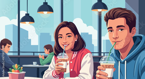 Young man and woman drinking cold beverages in modern cafe with city view and pendant lights vector illustration