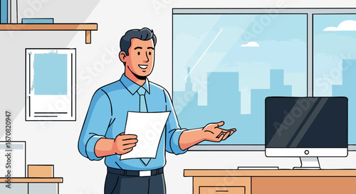Man presenting document in modern office with city skyline visible through window vector illustration