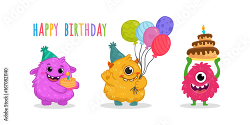 set of Cute monsters isolated on white background for magazines, birthday cards. Alien, cartoon character. Monster with balloons and cake in flat style. Vector illustration