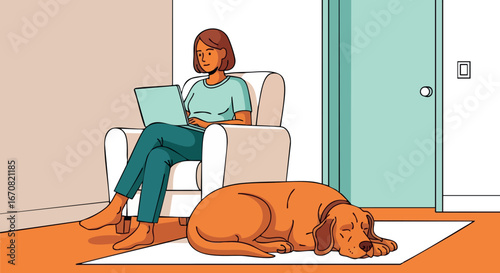 Woman sitting on armchair working on laptop with brown dog lying on rug in cozy indoor room