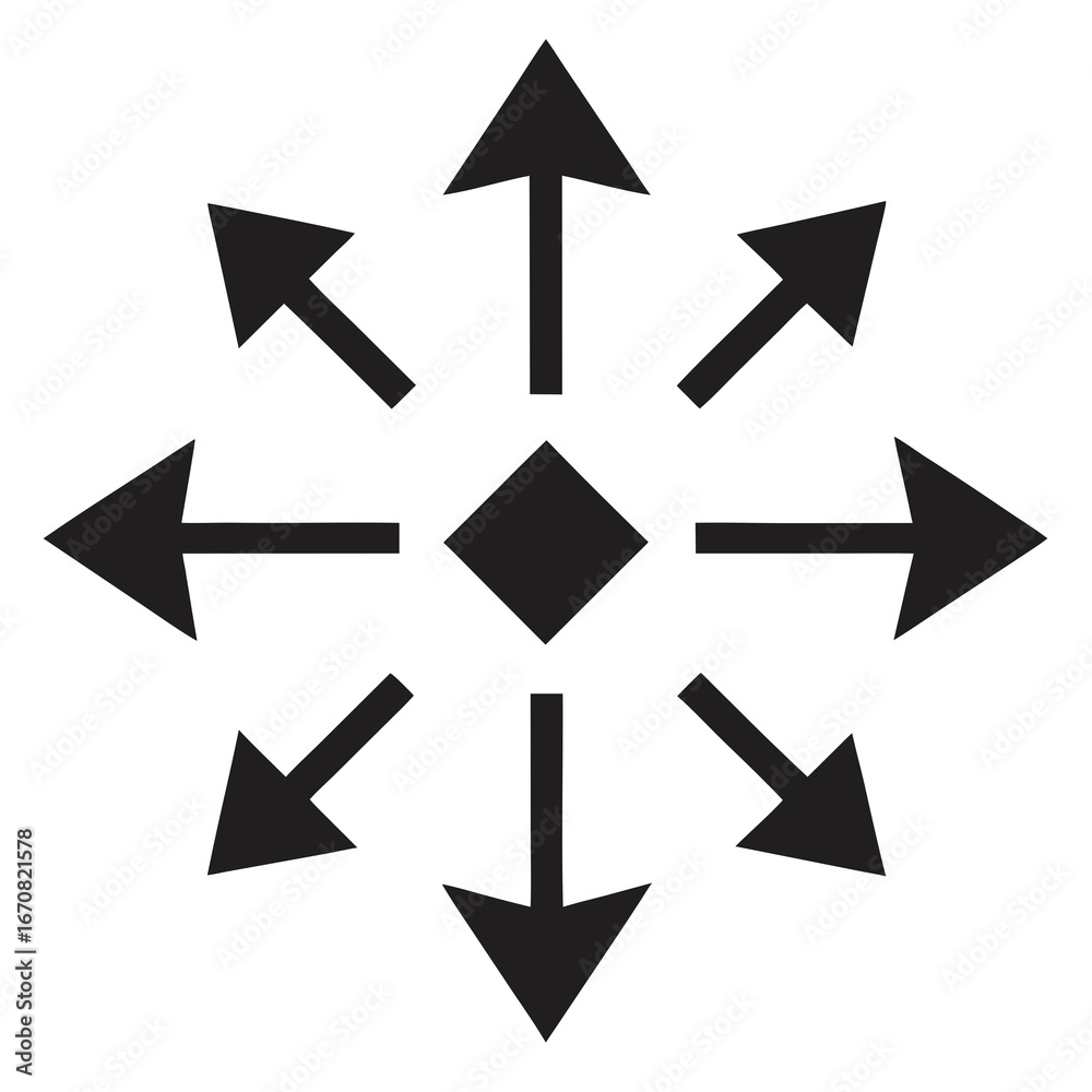 Black silhouette arrows radiating outward from a central diamond isolated on white background Black silhouette arrows radiating outward from a central diamond isolated on white background