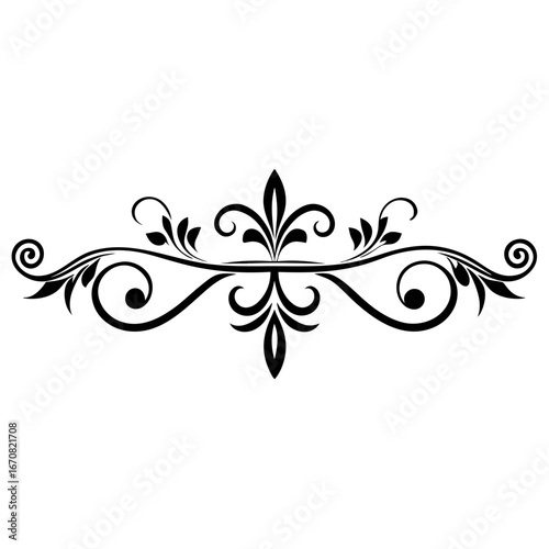 Elegant black ornate flourish with fleur de lis and swirls isolated on white background silhouette