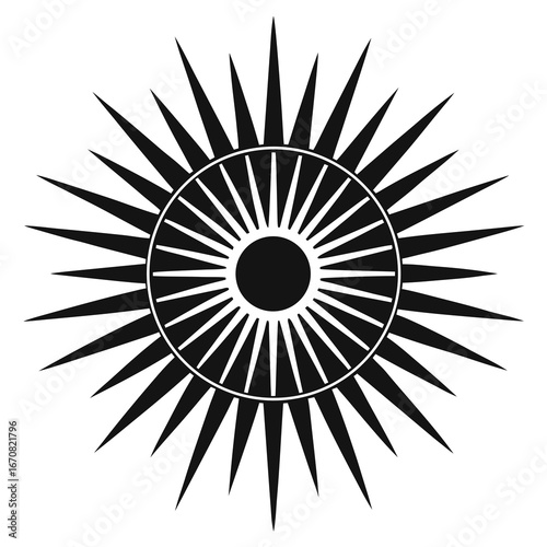 Stylized sunburst emblem with sharp rays isolated on white background silhouette