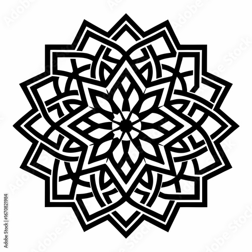 Intricate black celtic knot mandala design silhouette isolated on white background