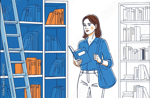 Woman reading book in library with blue and orange books shelves and ladder vector illustration
