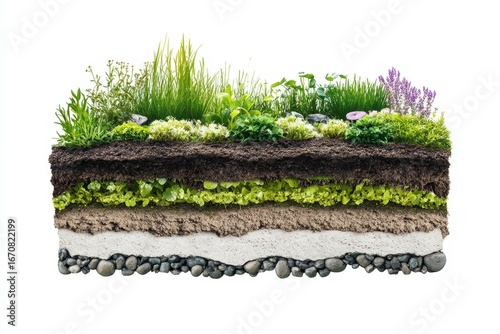 Cross-section of a rain garden system with layered soil and filtration for stormwater management. White background.
