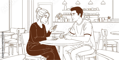 Couple having conversation in cafe enjoying coffee and social interaction in modern interior vector illustration