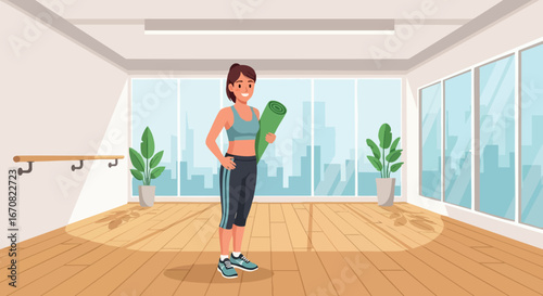 Woman holding yoga mat standing in bright fitness studio with plants and city view window vector illustration