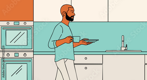 Man holding coffee cup and plate walking in modern kitchen interior with oven and sink vector illustration