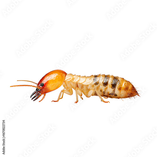 A detailed close-up illustration of a termite with its segmented body and antennae, isolated on a white background.