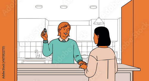 Man holding phone and smiling while talking to woman in modern kitchen interior vector illustration