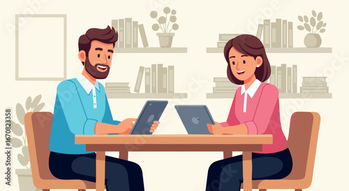 Man and woman working together on digital devices at office table with bookshelves vector illustration