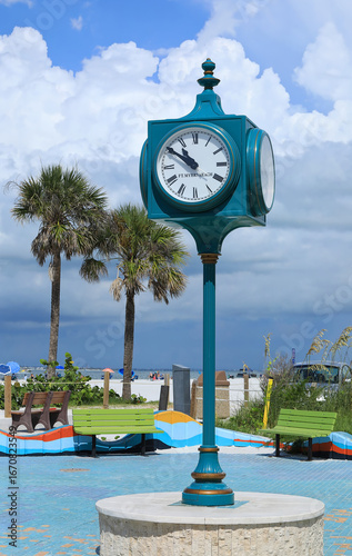 Iconic Fort Myers Beach clock, destroyed by Hurricane Ian in 2022, a new clock was installed on the one year anniversary of Hurricane Ian, Fort Myers Beach, Florida, USA.