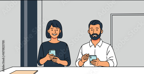 Two people using smartphones at a table in modern office setting digital communication vector illustration
