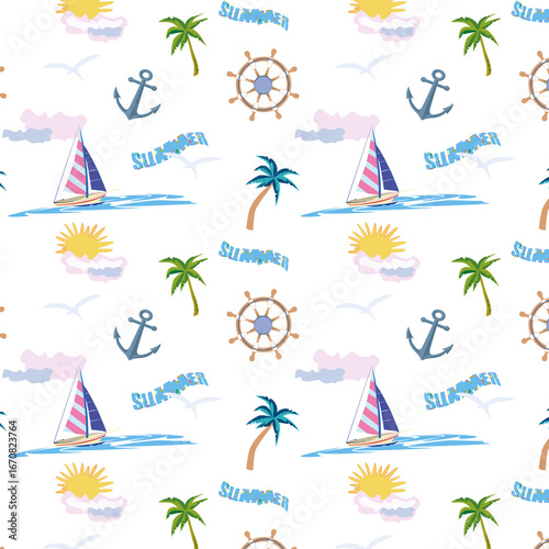 Seamless pattern with a yacht, seagulls, sun, anchor and steering wheel on the theme of summer travel