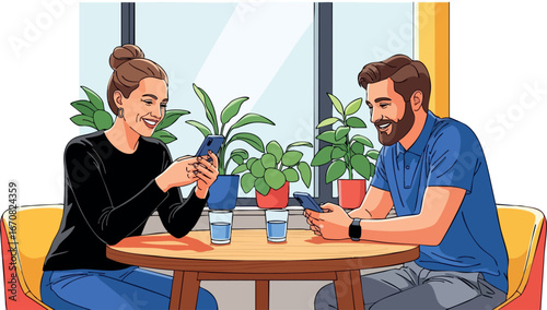 Young couple enjoying coffee and using smartphones at cozy cafe table indoors digital vector illustration