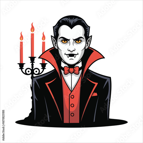 spooky Halloween vampire character in flowing black cloak vector art isolated on white background