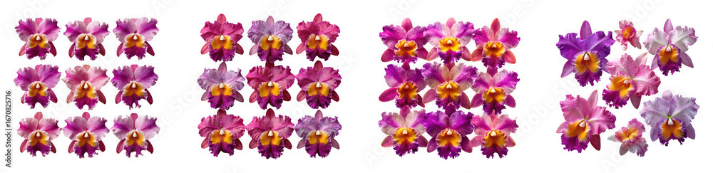 Obraz premium Collection of vibrant pink and purple orchids with yellow centers isolated on transparent background