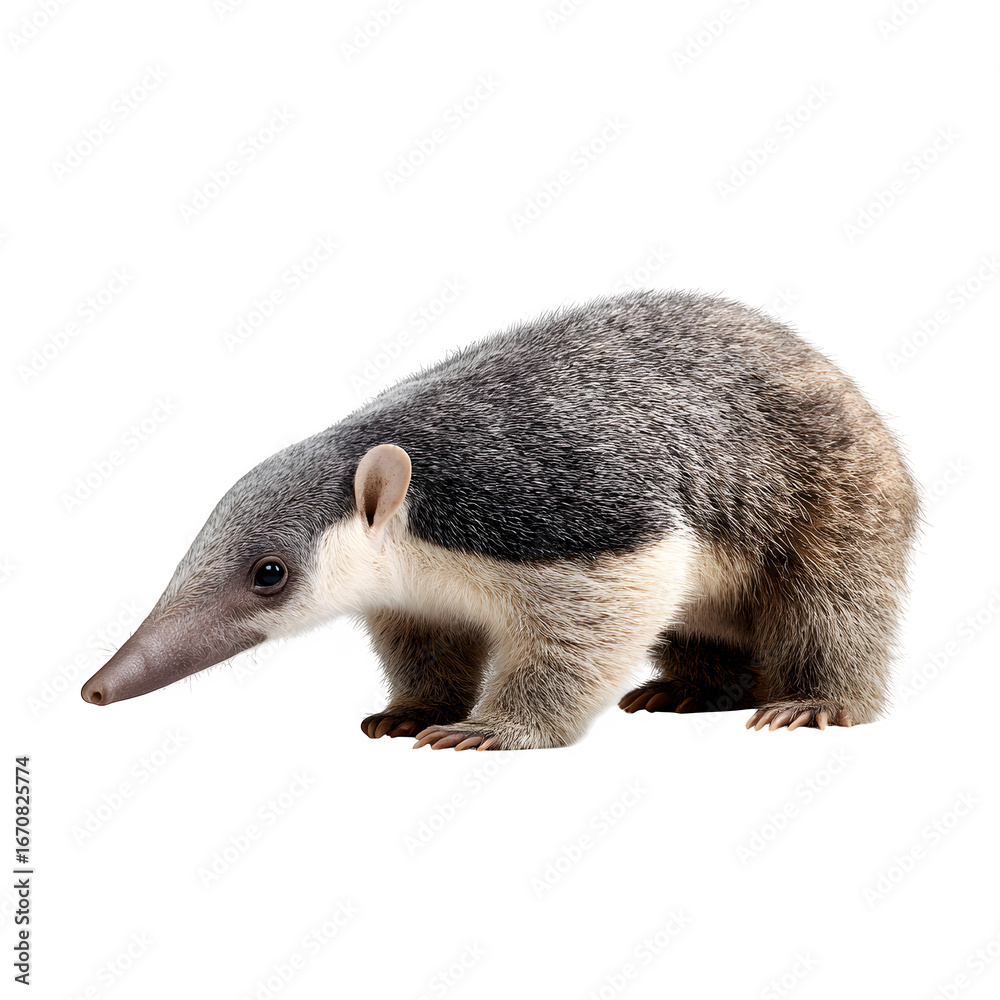 Fototapeta premium A curious coati with its long snout exploring the ground, isolated on a white background.