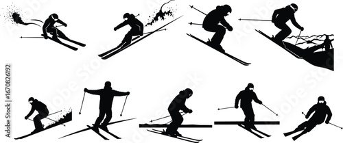 Dynamic skier silhouettes skiing fast, jumping, turning, carving on snowy mountain slopes, winter sports action, extreme ski adventure, black vector art, outdoor ski movement set