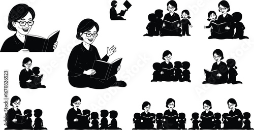 Woman reading book to children in various group settings, storytelling, teaching, and learning scenes, black and white vector silhouettes