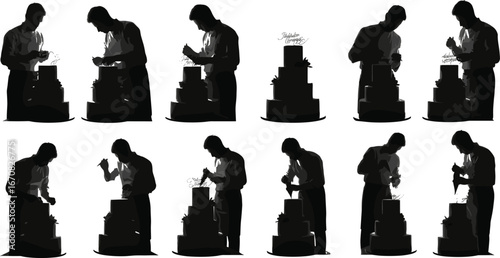 Elegant vector silhouettes of pastry chef decorating wedding cakes with toppers and floral icing, baking and cake art concept