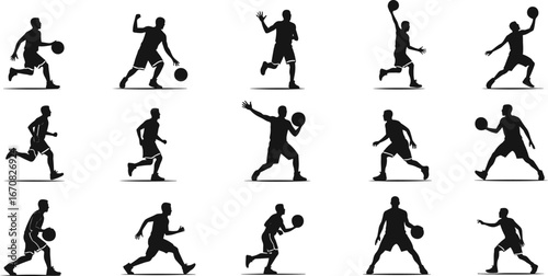 Silhouettes of male basketball players in various action poses including dribbling