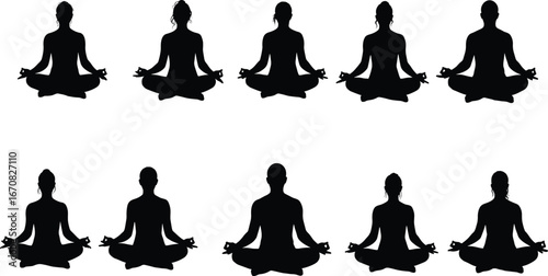Silhouettes of diverse men and women practicing yoga meditation in lotus pose, sitting cross-legged with hands forming mudra gesture