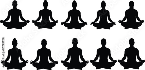 Silhouettes of men and women practicing yoga meditation in lotus pose, sitting cross-legged with hands forming mudra gesture, diverse hairstyles