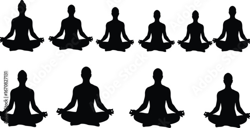 Silhouettes of diverse men and women practicing yoga meditation in lotus pose, sitting cross-legged with hands in mudra gesture