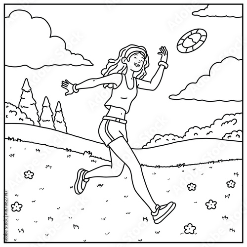 Young Woman Playing Frisbee in a Park Coloring Book Simple