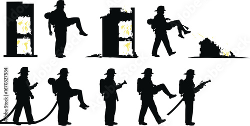 Firefighter silhouettes in action saving lives and extinguishing fires – emergency rescue operations with fire hoses and burning buildings