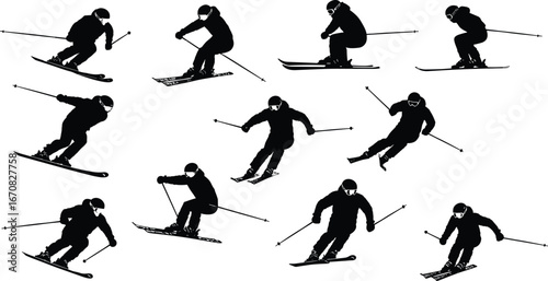 Silhouettes of skiers in various poses, winter sport action, downhill skiing, vector collection, snow sports gear, outdoor activity
