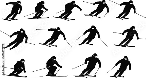 Silhouettes of skiers in dynamic poses, alpine downhill skiing, snow sport figures, winter gear, vector art, mountain adventure