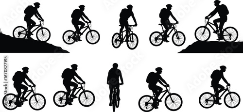 Silhouette of mountain bikers with backpacks, cycling uphill and downhill, outdoor adventure, active lifestyle, vector black and white