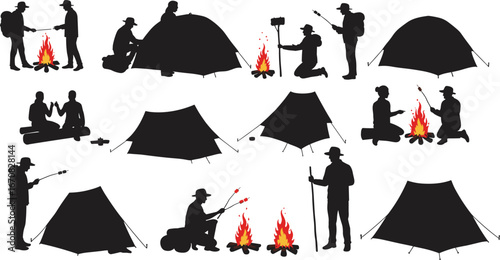 Silhouette camping people around campfire, roasting marshmallows, setting tents, hiking gear, outdoor leisure, nature adventure, teamwork