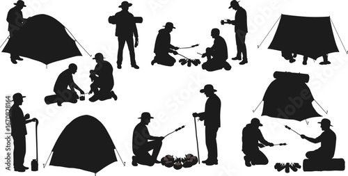 Silhouette camping people setting tents, roasting marshmallows by campfire, outdoor leisure, hiking gear, nature, teamwork, camping adventure