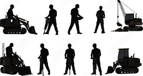 Silhouette construction workers operating machinery, using jackhammers and excavators, heavy equipment on construction site, manual labor, safety helmets