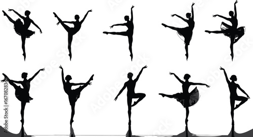 Ballet dancer silhouette collection, ballerinas in elegant poses, classical dance art, graceful choreography, stage performance, artistic movement, dance fashion, tutu costume, balance form