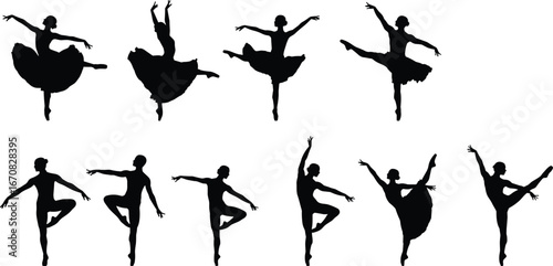 Silhouette of ballerinas and male dancers, ballet poses collection, classical dance performance, elegant choreography, artistic movement, stage performance, dance art, graceful body form