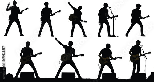 Silhouettes of guitar players performing on concert stage, live rock music show with singers and musicians, entertainment event, sound, lights, band performance energy