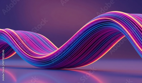 Futuristic 3D abstract background featuring a twisted wave of glowing neon lines in purple, blue, and pink. Concept of technology, data flow, or energy.

